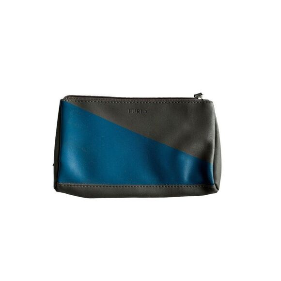Furla Eva Air Gray & Blue Zip Pouch 10" X 5" Vegan Leather Unisex - Picture 1 of 5